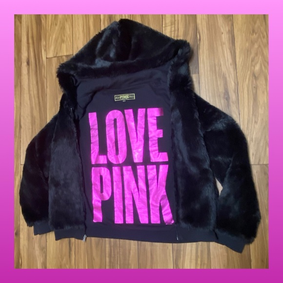 PINK VS BLACK FUR FULL ZIP HOODIE JACKET - Picture 3 of 6